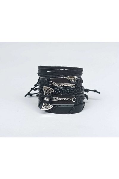 BSN Viking Thor Nordic Axe Figure 5 Piece Handmade Black Genuine Leather Bracelet