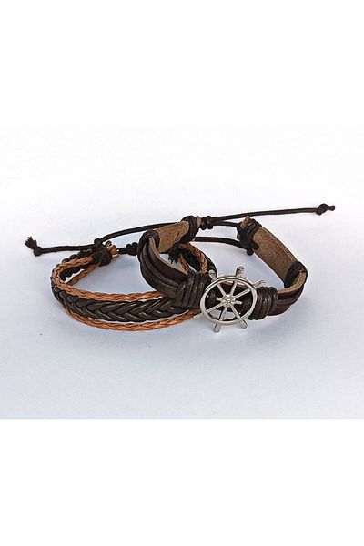 BSN Rudder Symbol 2 Pieces Genuine Leather Bracelet