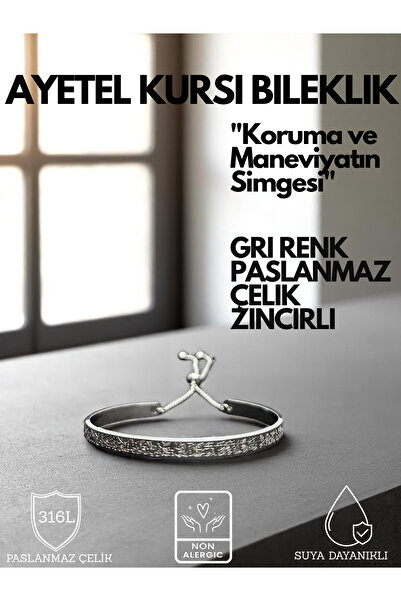 KT AKSESUAR Ayetel Kürsi Yazılı Zincirli Bileklik Paslanmaz Çelik Ayarlanabil...