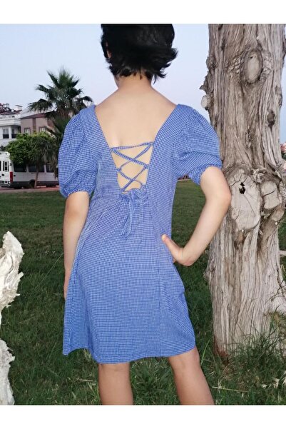 Çikoby Kız Çocuk Elbise Mavi İndigo Kareli Balon Kollu