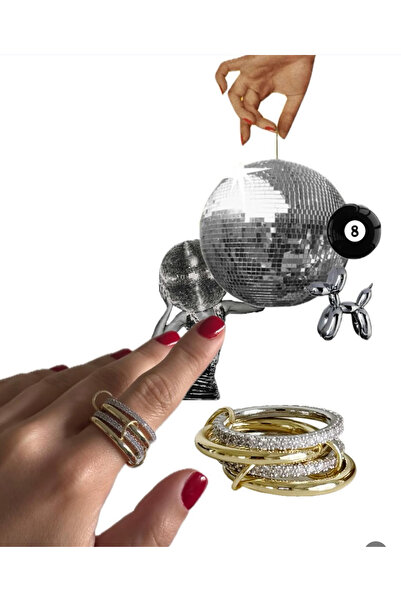 Mojo Jewellery Çelik 4'lü Halkalı Altın Kaplama Tasarım Zirkon Taşlı Yüzük