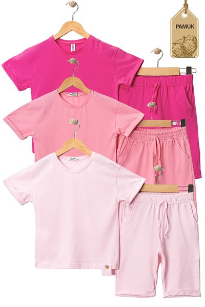 MK Mukko Kids Girl and Boy 3 Piece Summer Bottom Top Suit Wooden Button Design Basic Powder Pink Fuchsia