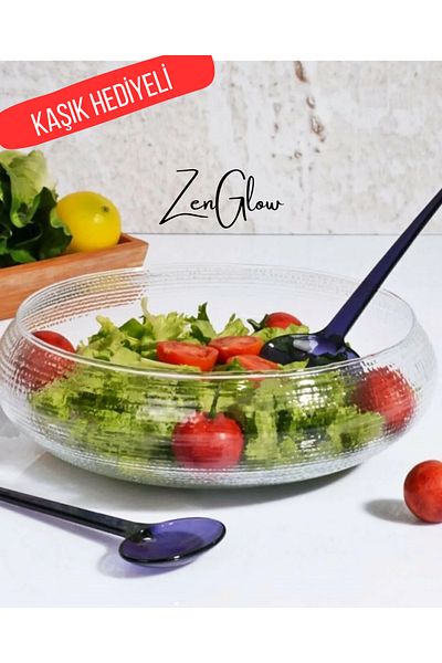 ZenGlow California Luxury Stylish Glass Salad/Fruit Bowl 30 cm with Spoon Gift