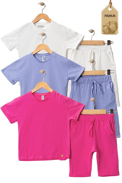 MK Mukko Kids Girl Boy 3 Piece Set - Wooden Button Design - Summer Top and Bottom Set (Lilac White Fuchsia)