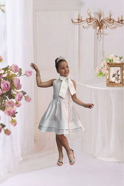 HEPSİMİNNAK Girl's Elegant Satin Bow White Dress Evening Dress Graduation Wedding Dress