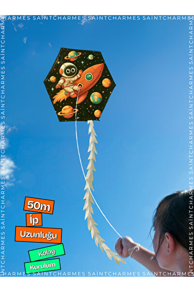 Saint Charmes Astronot Desenli Uçurtma 50 Metre Ipli Kolay Kurulumlu Çocuk Oy...