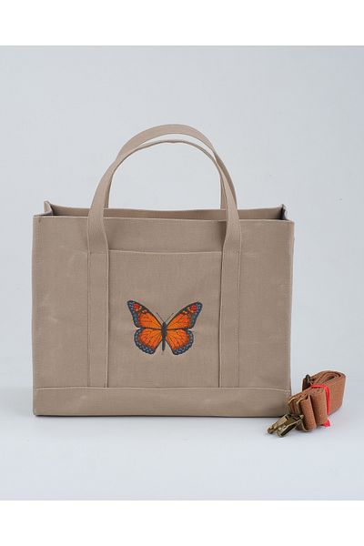 Wings Of Simurg Butikmutik-SET Pânză Ceară BEJ Brodat Fluture Dimensiune Mare (Geanta și Portofel)