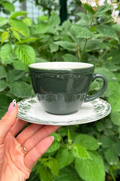 porselenden Antique Green 2-Person 4-Piece Porcelain Teacup Set 200 Cc Green Flower Pattern