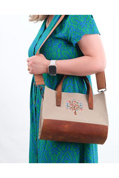 Wings Of Simurg Butterfly Tree Embroidered Genuine Leather-Canvas (Beige-Small Size) Bag