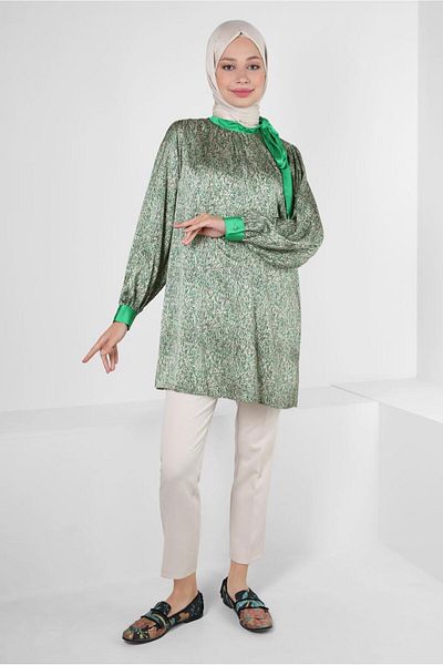 Alvina PATTERNED COLLAR BINDING DETAIL SATIN TUNIC 43934