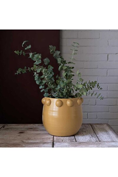 Warm Design El Yapımı Sarı Noktalı Kabartmalı Terra Cotta Saksı