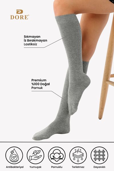 Dore Original Women's 1 Pair Premium Knee-Length Cotton Combed Seamless Non-Showing Skin under the Knee Luxury Socks
