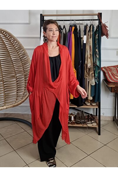 pudubutik تونيك حريري بياقة إيطالية باللون الأحمر