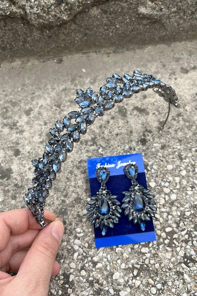 Hobigram Alejandro Navy Blue Bridal Henna Crown Special Occasion Accessory Women's Crown and Wide Shuttle Earring Set