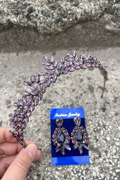 Hobigram Alejandro Purple Bridal Henna Crown Special Occasion Accessory Women's Crown and Three Shuttle Earrings Set