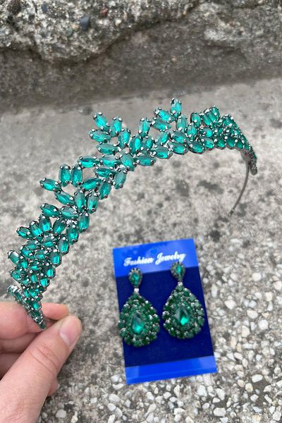 Hobigram Alejandro Green Bridal Henna Crown Special Occasion Accessory Women's Crown and Drop Shuttle Earrings Set