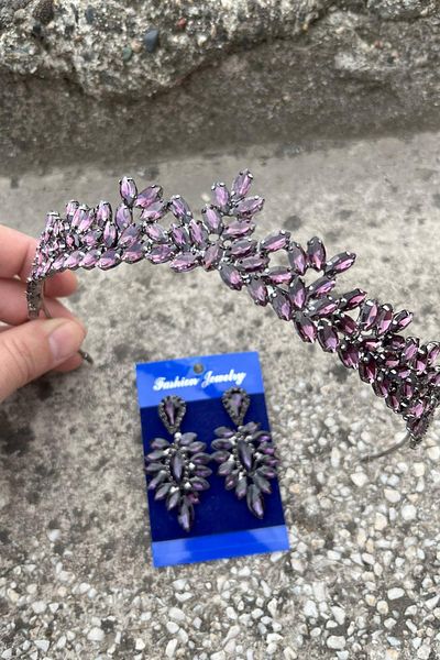 Hobigram Alejandro Purple Bridal Henna Crown Special Occasion Accessory Women's Crown and Thin Shuttle Earrings Set