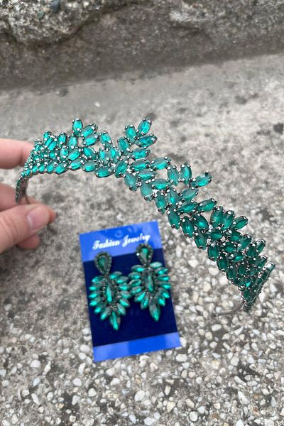 Hobigram Alejandro Green Bridal Henna Crown Special Occasion Accessory Women's Crown and Thin Shuttle Earrings Set