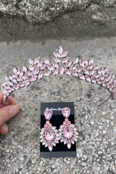 Hobigram Alejandro Pink Bridal Henna Crown Special Occasion Accessory Women's Crown and Wide Shuttle Earrings Set