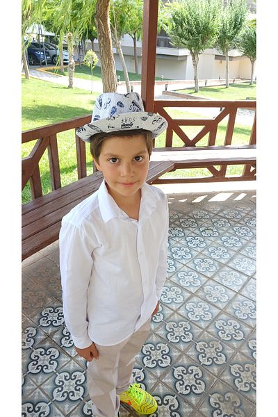 Avantaj Kapıda ®   Children's Fedora Straw Hat Summer Patterned Boy Girl Shaded Fedora Beach Hat-White