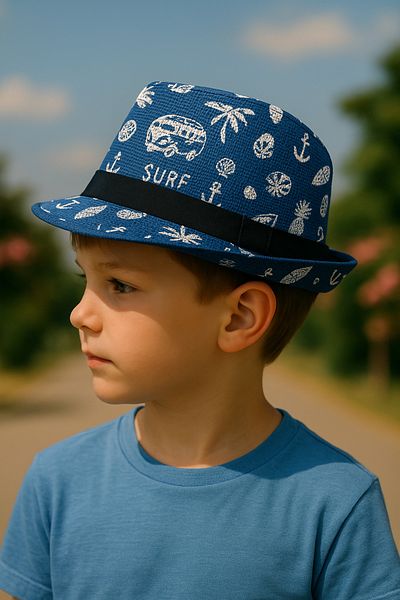Avantaj Kapıda Children's Trilby Straw Hat Summer Patterned Boy Girl Fedora Beach Hat with Shade