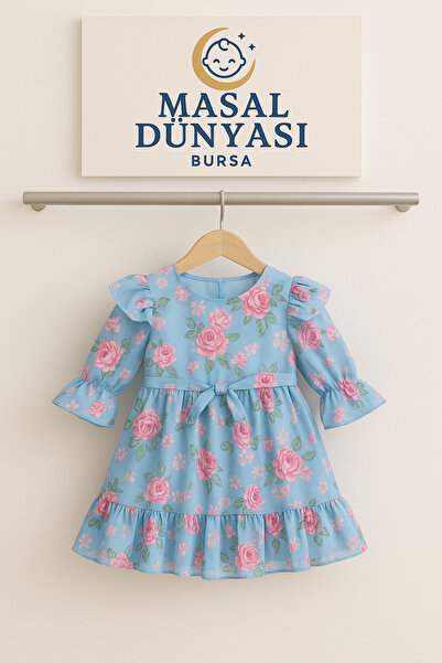 Masal Dünyası Bursa Çiçekli Vintage Model Kolları Fırfırlı Şifon Kız Çocuk Elbise 2-5 Yaş