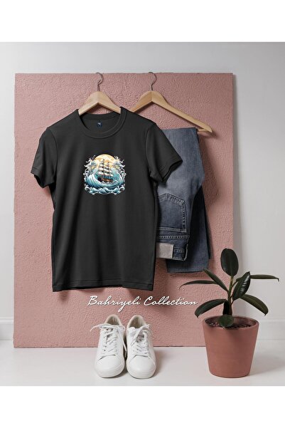 Bahriyeli Collection Unisex T-Shirt with Oversized Sailing Boat and Wave Vect...
