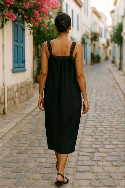 TRENDMEN Rochie lungă din viscoză cu bretele din dantelă pentru femei