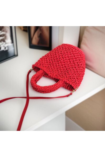 By G Tasarım Red Paper String Knitted Mini Bag with Handles
