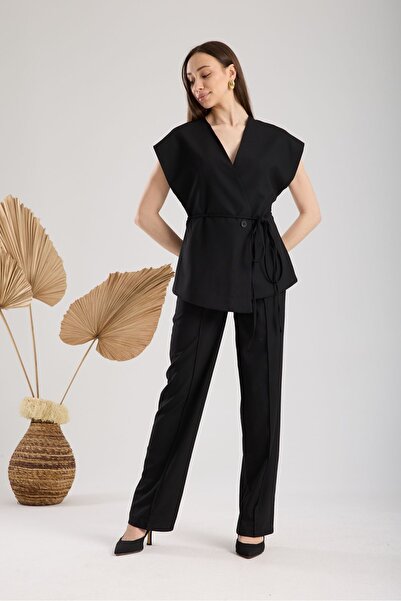 amurpars Black Vest Pants Bottom Top Women's Set