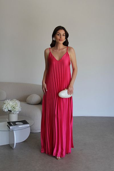 Julidress Φούξια Μακρύ Φόρεμα με λαιμόκοψη V με λουράκια Premium πλισέ