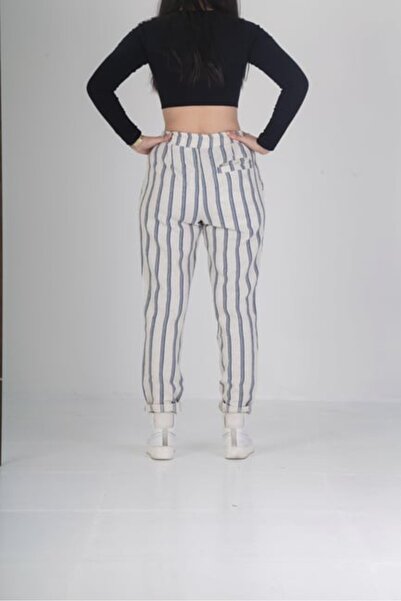 COCOPELLI Blue Vertical Line Linen Trousers