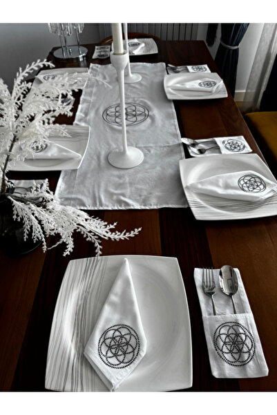 Menar Tasarım Dining Presentation Set 6-Person Tablecloth Set Runner Napkin Spoon Holder Flower of Life Tableware