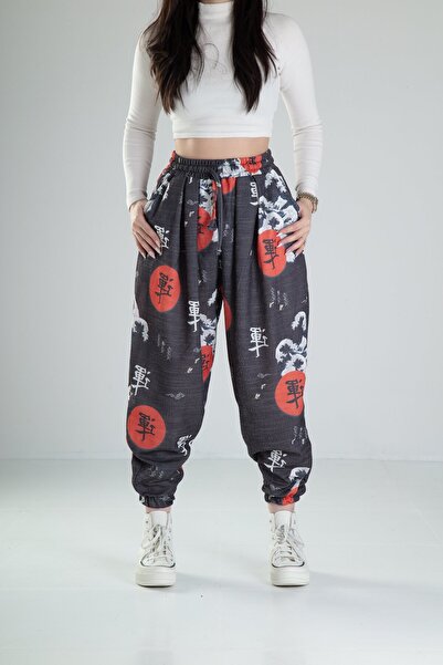 COCOPELLI Chinese Desenli Pileli Yarım Şalvar