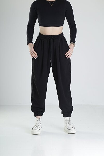 COCOPELLI Pantaloni de jogging negri plisați cu picioare elastice