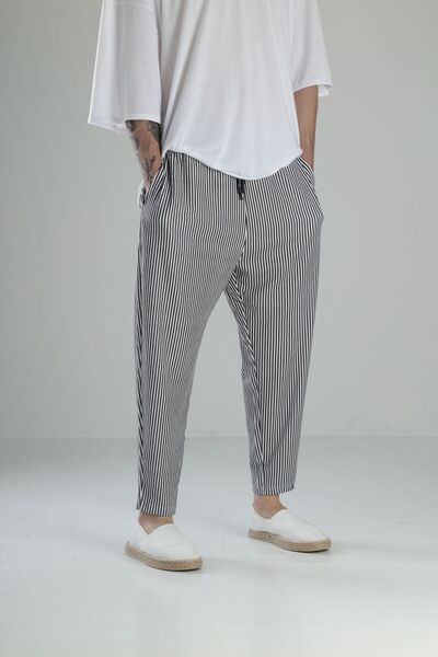 COCOPELLI Erkek Siyah Çizgili Bürümlük Kumaş Baget Pantolon COC1976