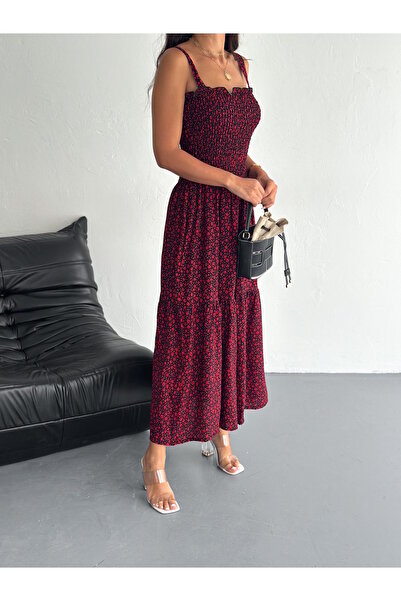 YUSUF CAN KARATAŞ KARATAŞ GİYİM Kadın Gipeli Çiçek Desenli Askılı Kat Uzun Elbise Dokuma Viskon Kumaş 125 Cm