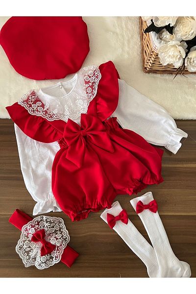 BİYA BABY Girl's Baby Strap Red Shorts Shirt Hat Bandana Socks Set