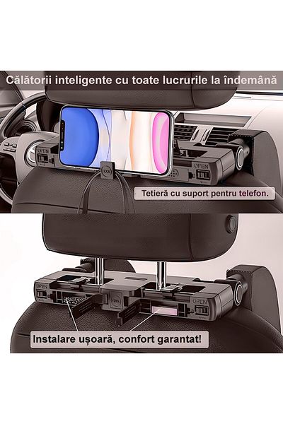 ZEQAS Car Headrest Holder Leather Memory Foam Adjustable Dark Brown Phone/tab Holder, Hook