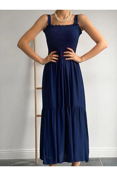MaxiMor Rochie lungă casual țesută cu fustă pliată cu bretele bleumarin (130 cm)