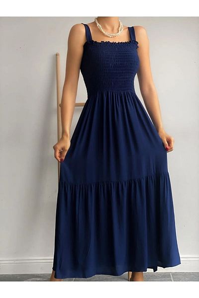 MaxiMor Rochie lungă casual țesută cu fustă pliată cu bretele bleumarin (130 cm)