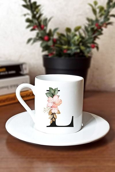 SporSen Caddemart| Floral Printed Porcelain Turkish Coffee Cup with Letter L