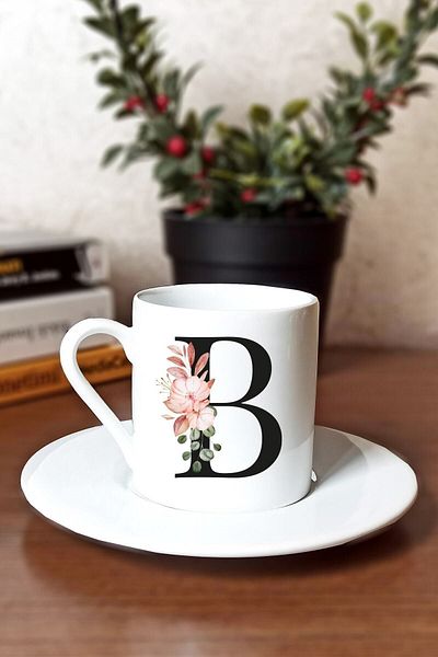 SporSen Caddemart| Floral Printed Porcelain Turkish Coffee Cup with Letter B