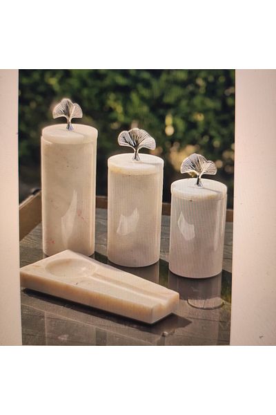 st sarıtaş Decorative White Marble Ginkok 3-Piece Spice Bowl Sugar Bowl Jar Set