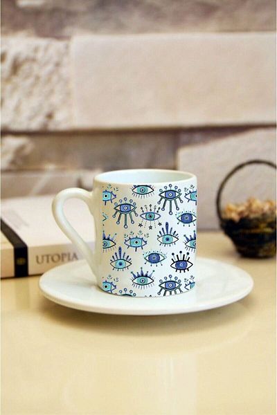 Kumbara Hediyelik Eye Pattern Printed White Turkish Coffee Cup