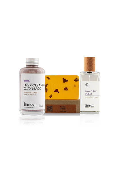 dionesse Akne Karşıtı Cilt Bakım Seti - %100 Doğal Mor Kil Maske, Lavanta Suyu, Kayısı Sabunu