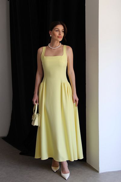 Julidress Yellow Strap Pleated Bell Cut Maxi Long Length Premium Pencil Evening Dress Invitation Dress