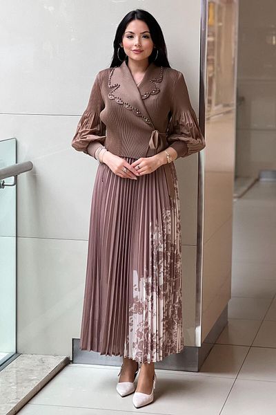 Mahal Double Breasted Collar Pearl Pleated Accordion Dress