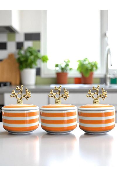 ferayhome 3-Piece Breakfast Spice Rack Storage Container, Sugar Bowl Soft Yellow Zebra Gold Coral Kitchen Accessory