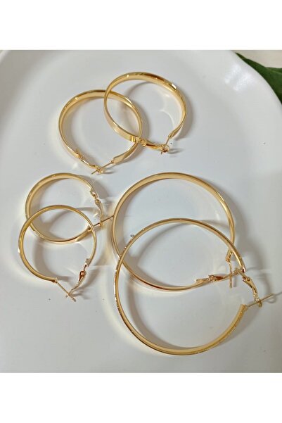 mos&more Gold 6 lı Set, 3 Boy Halka Şık Kadın Küpe, Geniş